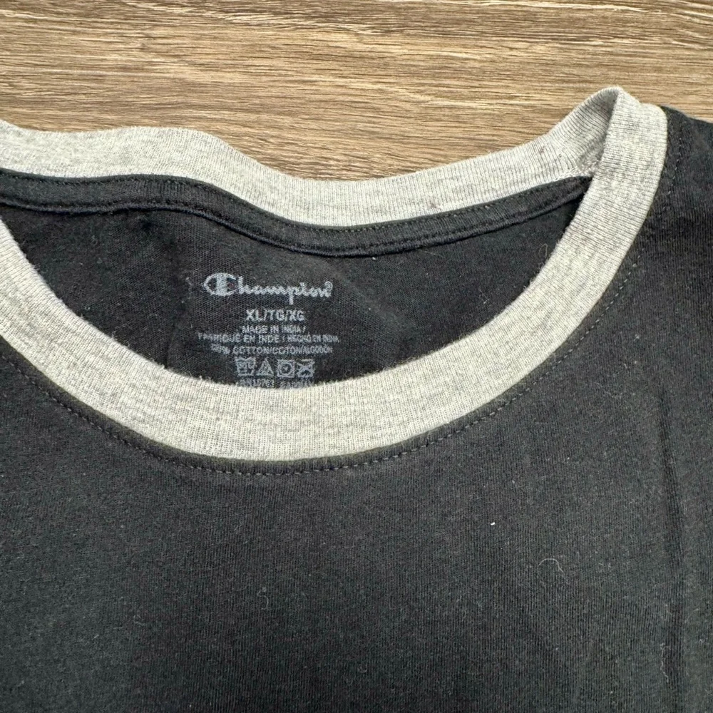 Champion Black Ringer T-Shirt with Gray Collar Logo Tee Size XL - Picture 3 of 3